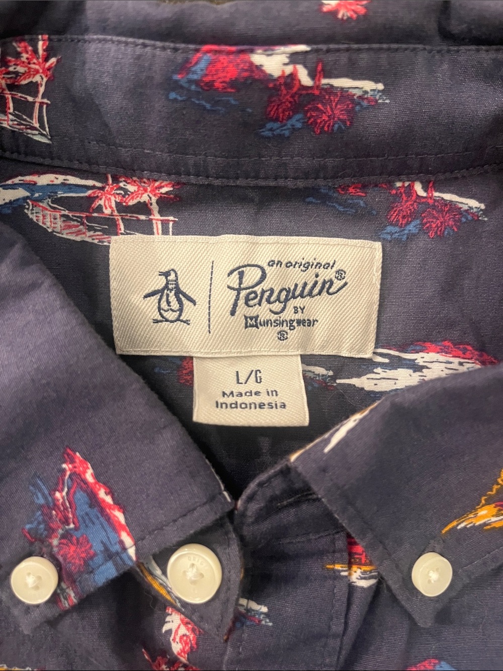 Original Penguin Navy Button-Down with Pink & Blue Tropical Accent - Picture 2 of 2